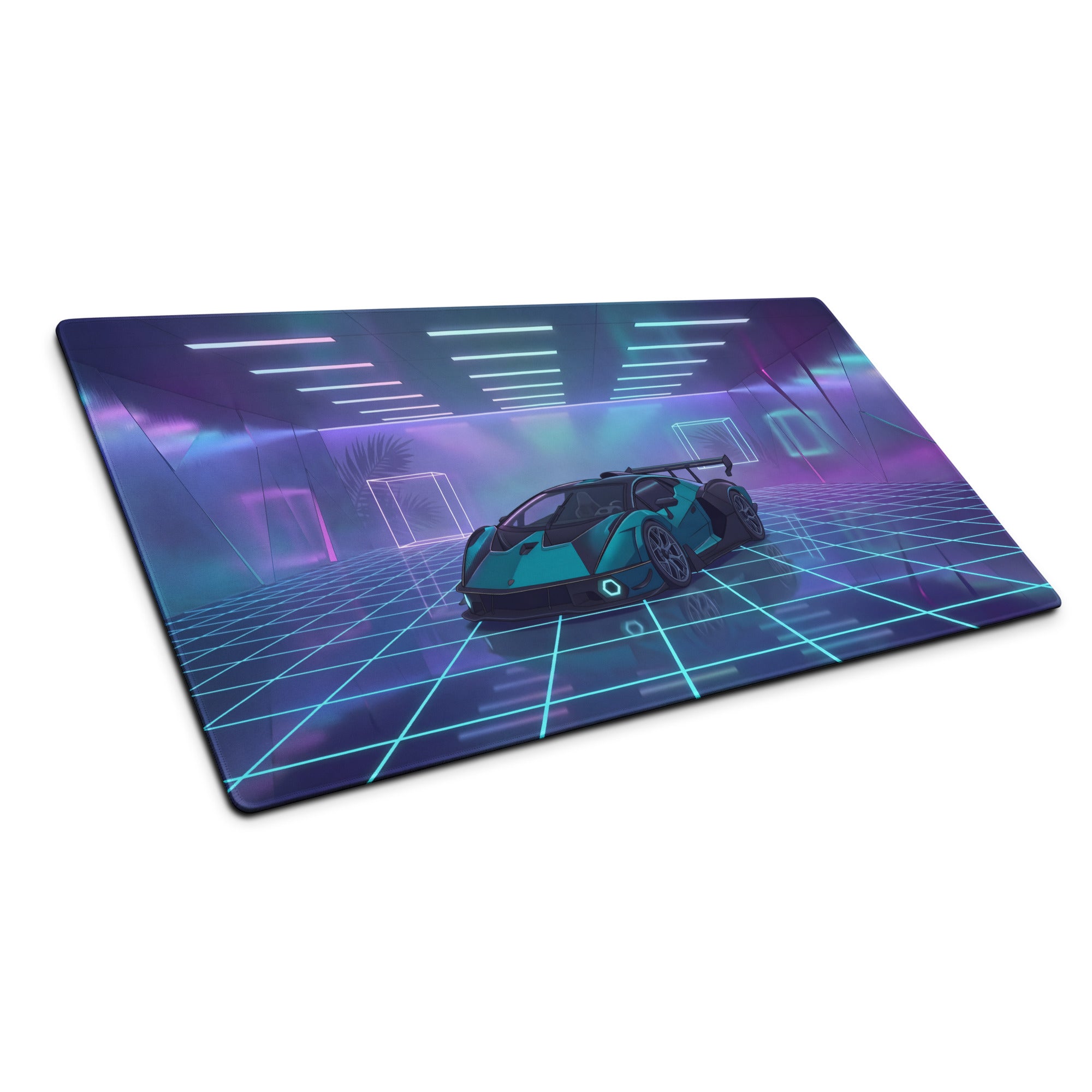 Lamborghini Essenza SCV12 Inspired Teal Black Vaporwave Gaming Mouse Pad – Neon Futuristic Garage Desk Mat with Cyberpunk Grid and Synthwave Art