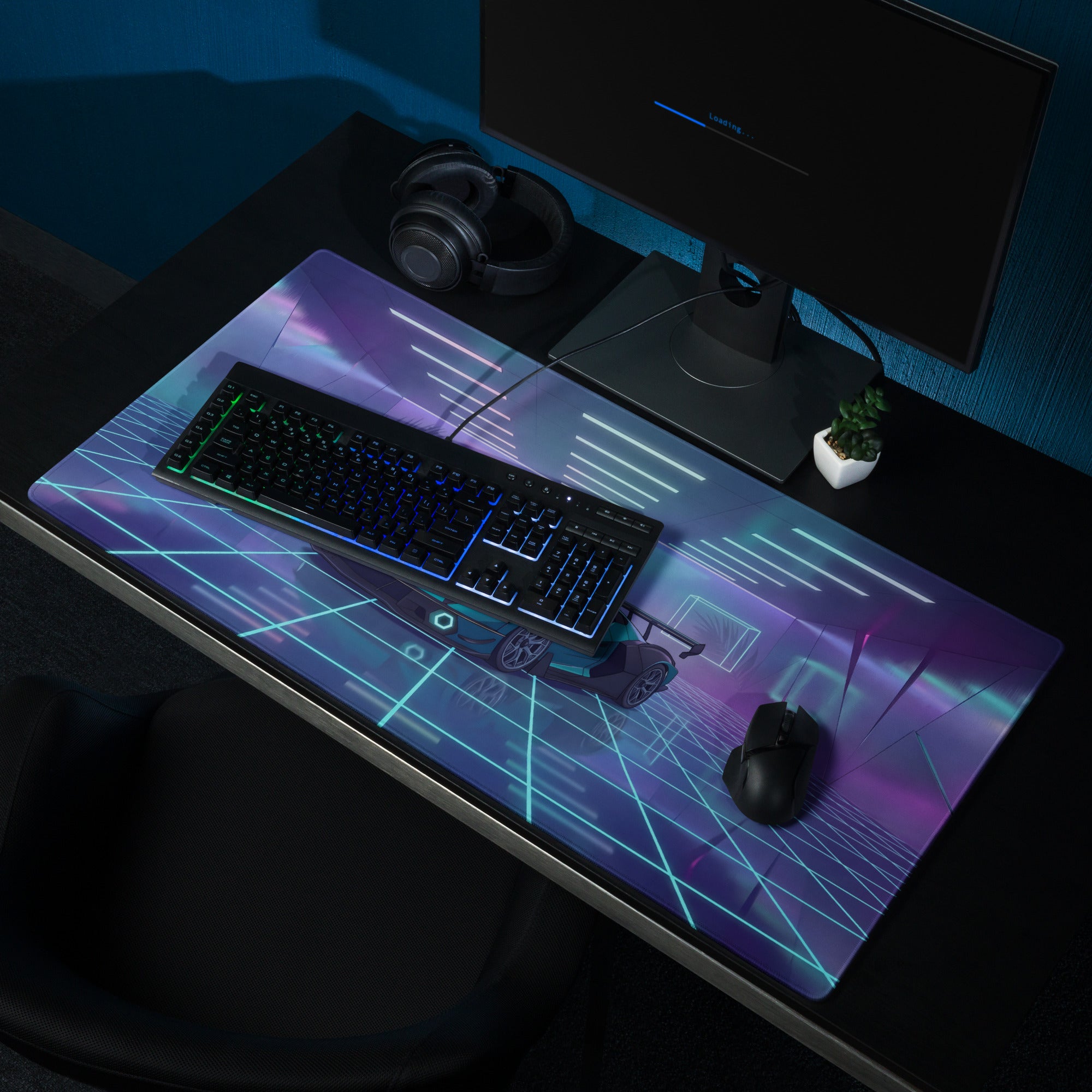 Lamborghini Essenza SCV12 Inspired Teal Black Vaporwave Gaming Mouse Pad – Neon Futuristic Garage Desk Mat with Cyberpunk Grid and Synthwave Art