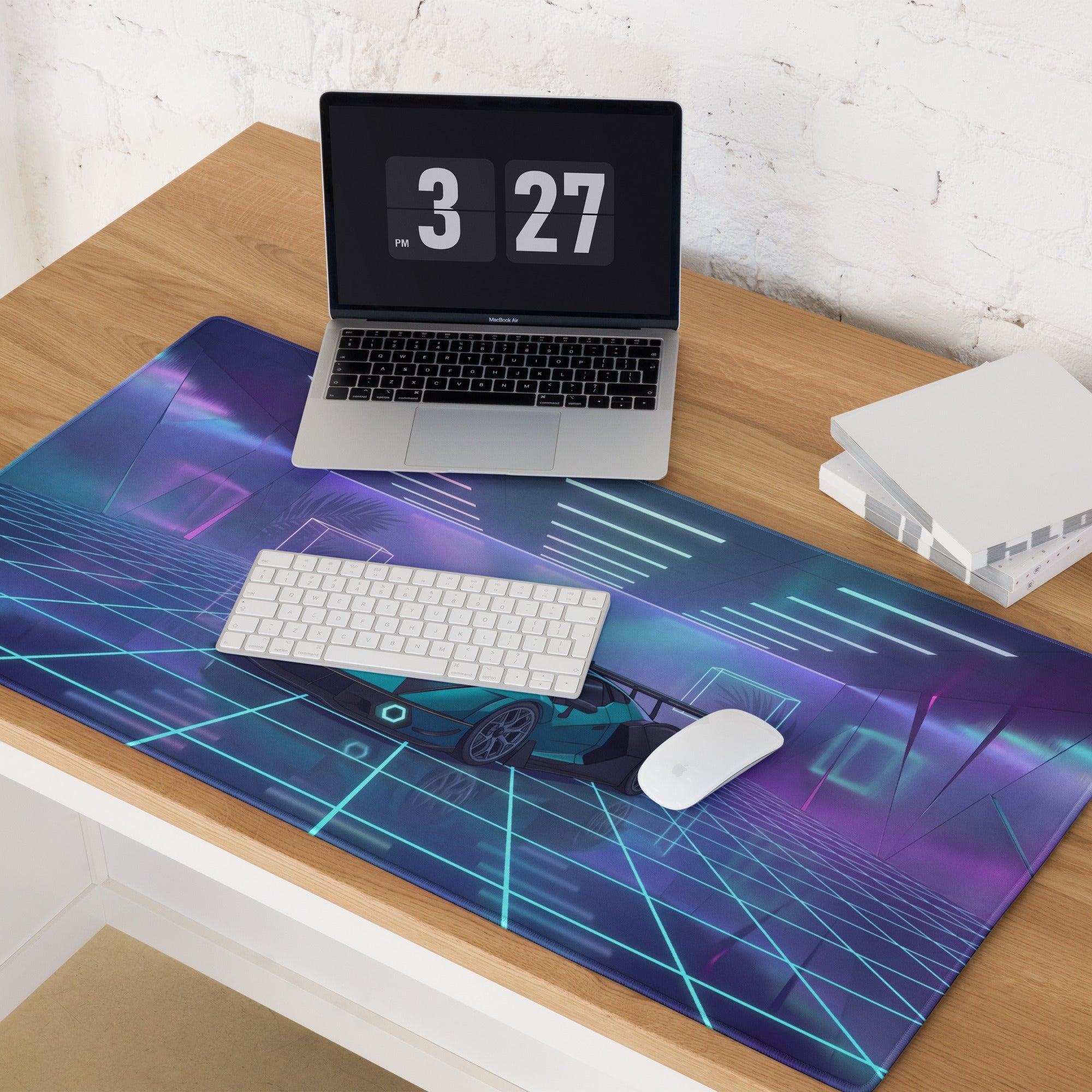 Lamborghini Essenza SCV12 Inspired Teal Black Vaporwave Gaming Mouse Pad – Neon Futuristic Garage Desk Mat with Cyberpunk Grid and Synthwave Art