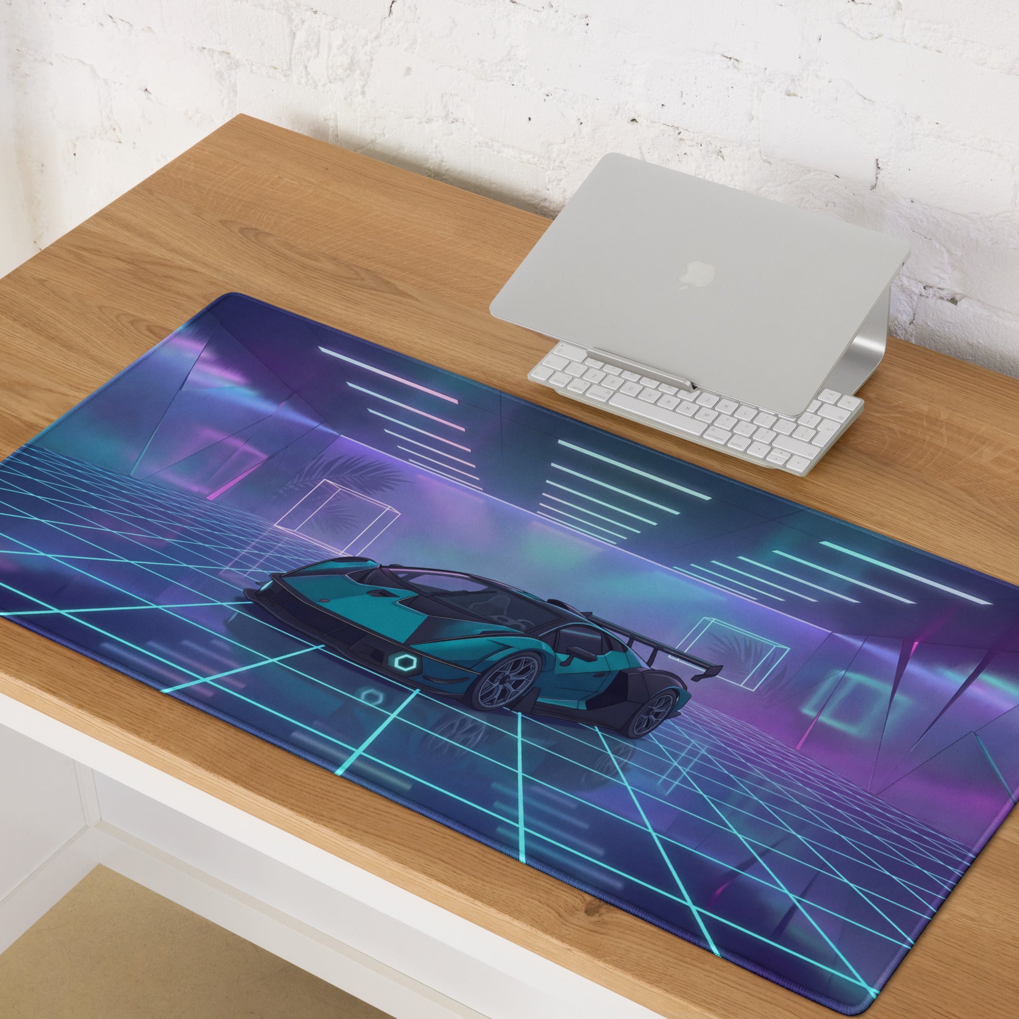 Lamborghini Essenza SCV12 Inspired Teal Black Vaporwave Gaming Mouse Pad – Neon Futuristic Garage Desk Mat with Cyberpunk Grid and Synthwave Art