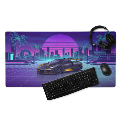 McLaren Senna Inspired Black Orange Vaporwave Gaming Mouse Pad – Neon Retro Futuristic City Desk Mat with Synthwave Sunset and Cyberpunk Grid Art