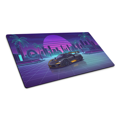 McLaren Senna Inspired Black Orange Vaporwave Gaming Mouse Pad – Neon Retro Futuristic City Desk Mat with Synthwave Sunset and Cyberpunk Grid Art