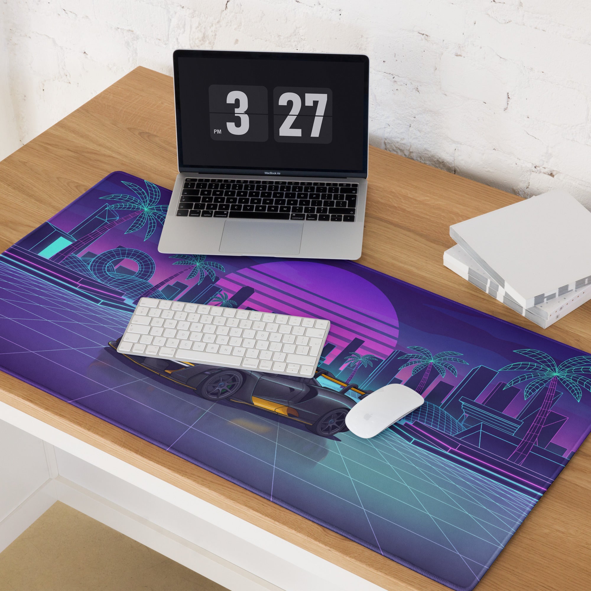 McLaren Senna Inspired Black Orange Vaporwave Gaming Mouse Pad – Neon Retro Futuristic City Desk Mat with Synthwave Sunset and Cyberpunk Grid Art