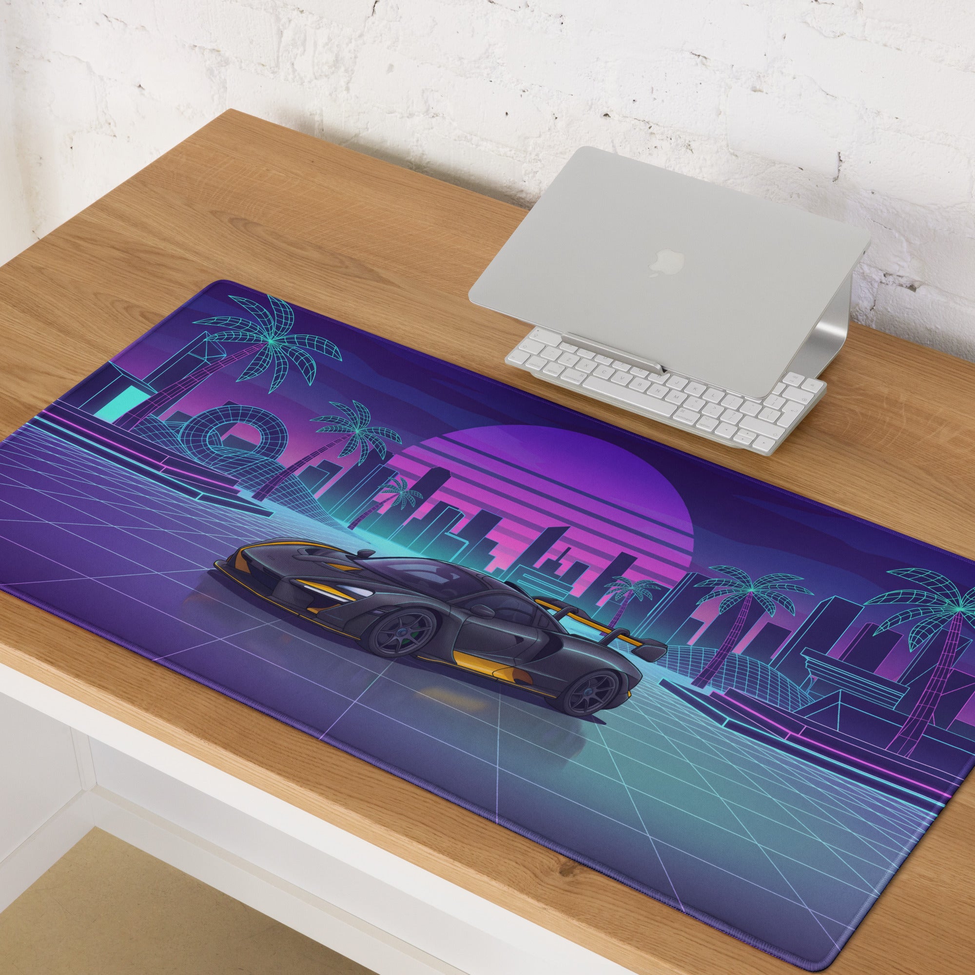 McLaren Senna Inspired Black Orange Vaporwave Gaming Mouse Pad – Neon Retro Futuristic City Desk Mat with Synthwave Sunset and Cyberpunk Grid Art