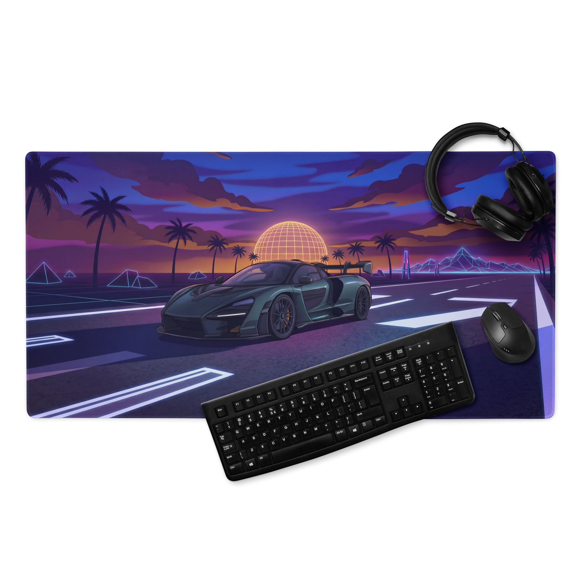 McLaren Senna Inspired Black Purple Vaporwave Gaming Mouse Pad – Neon Palm Highway Desk Mat with Retro Futuristic Synthwave Sunset Art