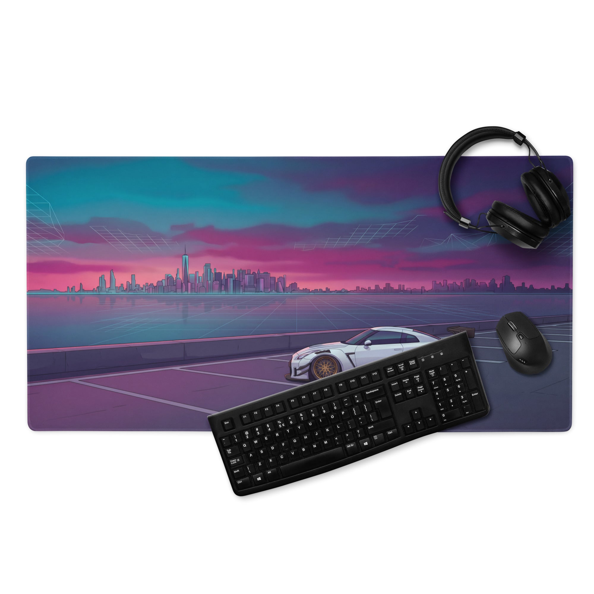 Nissan GT-R R35 Inspired White Purple Vaporwave Gaming Mouse Pad – Neon Waterfront Skyline Desk Mat with Retro Futuristic Synthwave City Art