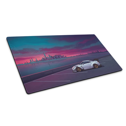 Nissan GT-R R35 Inspired White Purple Vaporwave Gaming Mouse Pad – Neon Waterfront Skyline Desk Mat with Retro Futuristic Synthwave City Art
