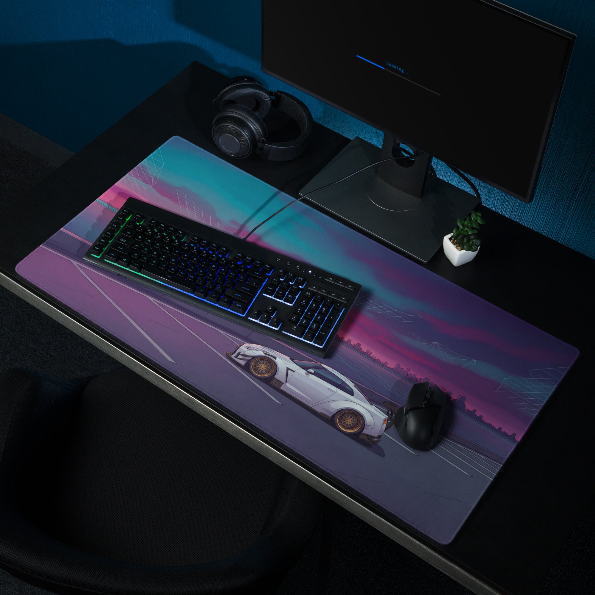 Nissan GT-R R35 Inspired White Purple Vaporwave Gaming Mouse Pad – Neon Waterfront Skyline Desk Mat with Retro Futuristic Synthwave City Art