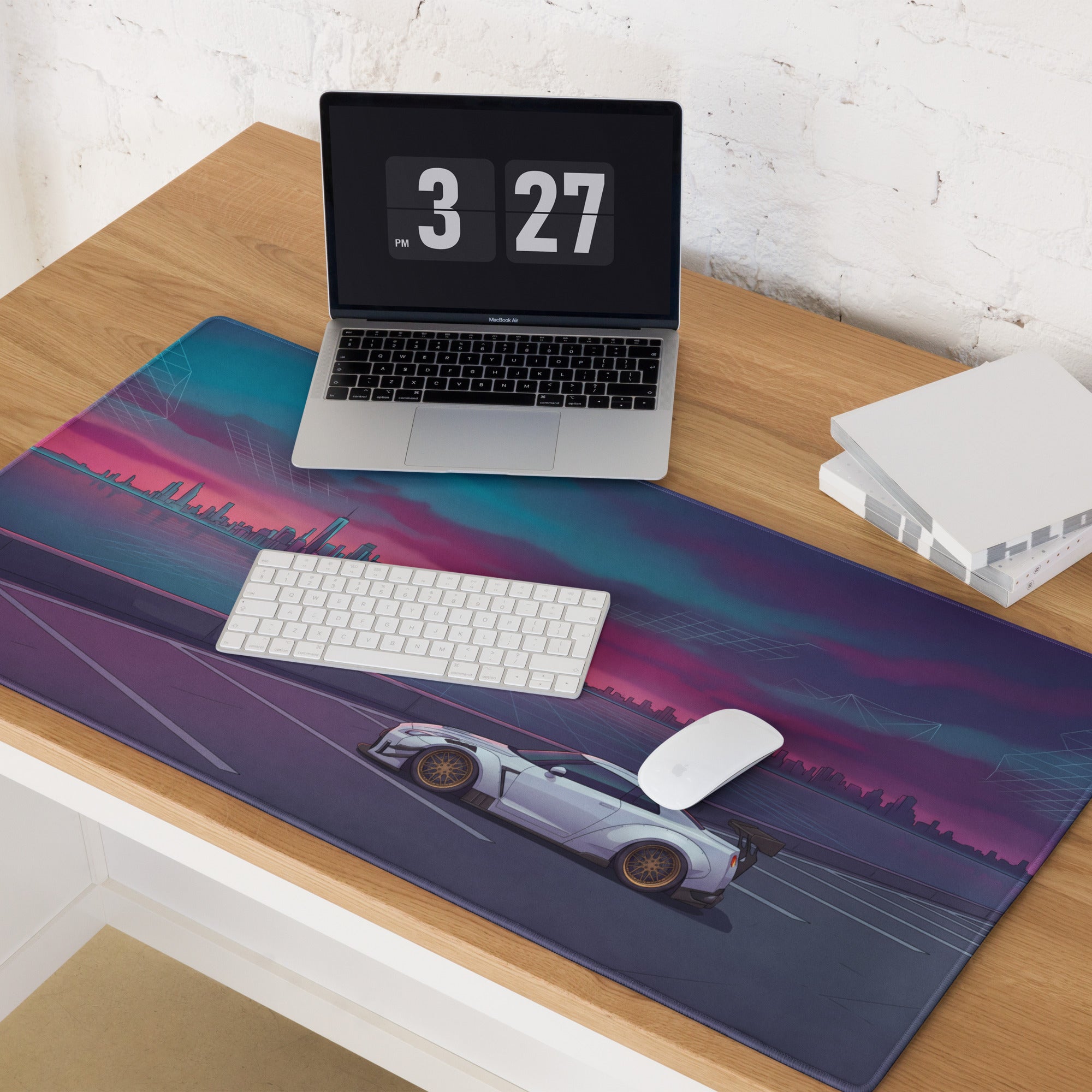 Nissan GT-R R35 Inspired White Purple Vaporwave Gaming Mouse Pad – Neon Waterfront Skyline Desk Mat with Retro Futuristic Synthwave City Art