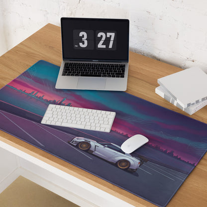 Nissan GT-R R35 Inspired White Purple Vaporwave Gaming Mouse Pad – Neon Waterfront Skyline Desk Mat with Retro Futuristic Synthwave City Art