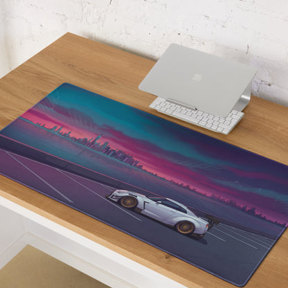 Nissan GT-R R35 Inspired White Purple Vaporwave Gaming Mouse Pad – Neon Waterfront Skyline Desk Mat with Retro Futuristic Synthwave City Art