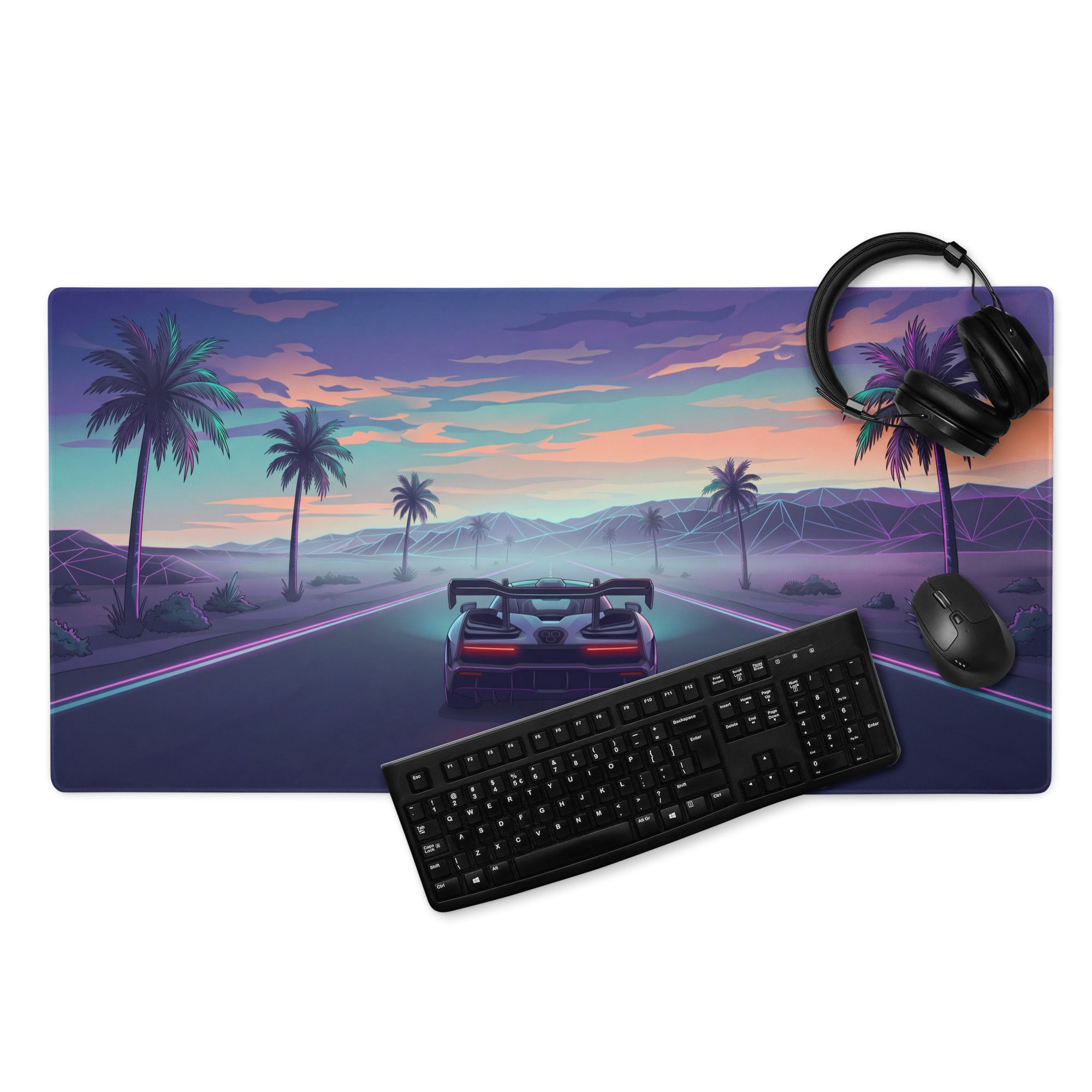 McLaren Senna Inspired Silver Purple Vaporwave Gaming Mouse Pad – Neon Palm Tree Highway Desk Mat with Dreamy Retro Futuristic Sunset Art