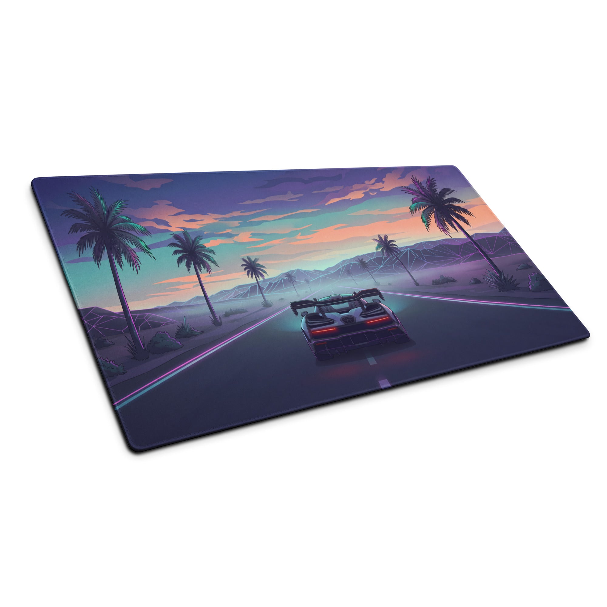 McLaren Senna Inspired Silver Purple Vaporwave Gaming Mouse Pad – Neon Palm Tree Highway Desk Mat with Dreamy Retro Futuristic Sunset Art
