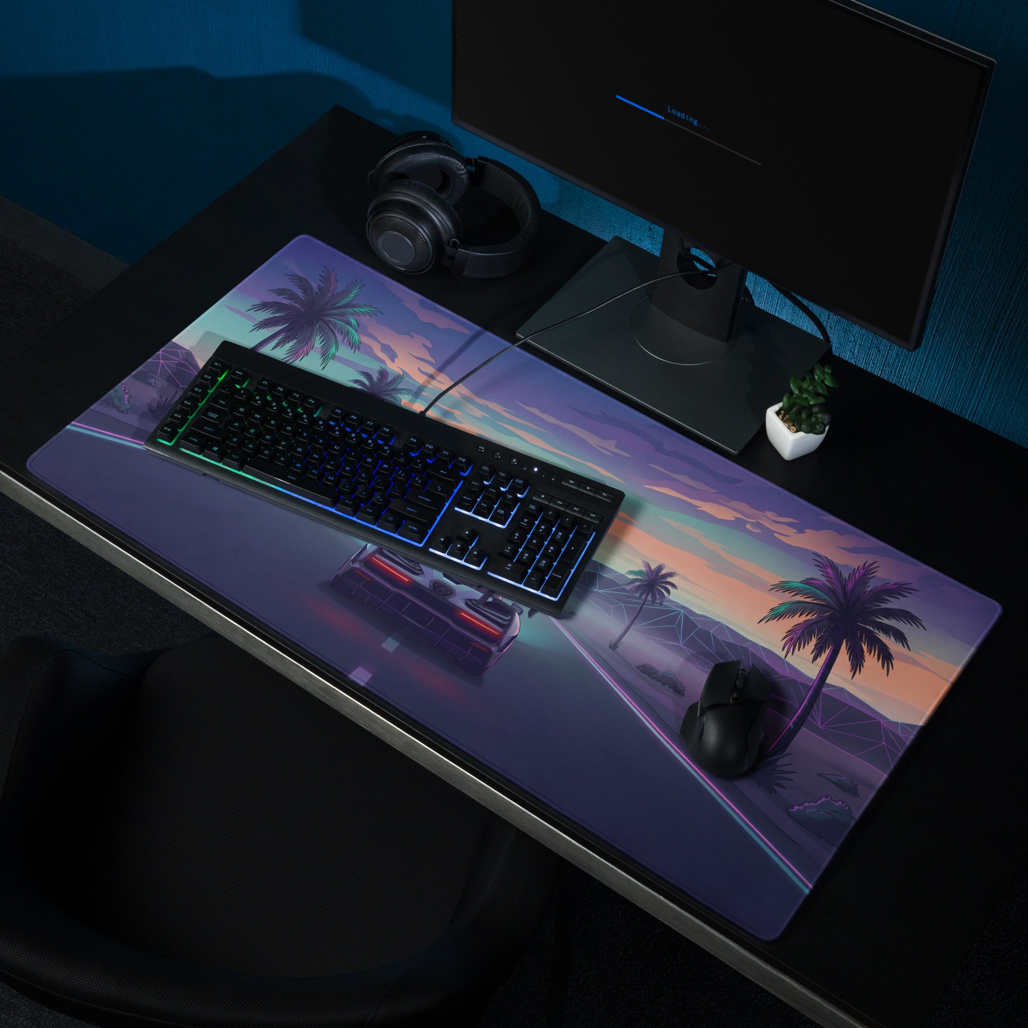 McLaren Senna Inspired Silver Purple Vaporwave Gaming Mouse Pad – Neon Palm Tree Highway Desk Mat with Dreamy Retro Futuristic Sunset Art