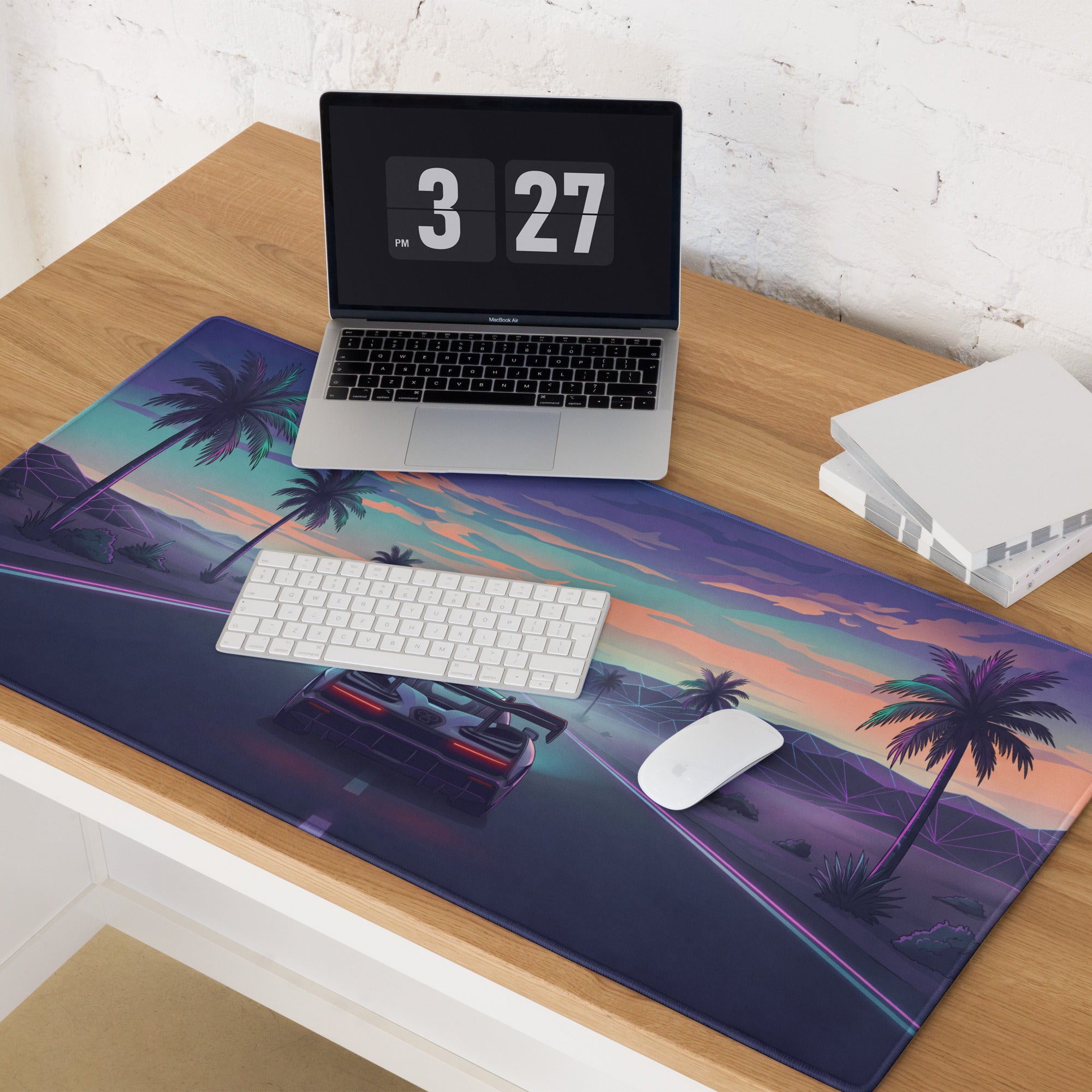 McLaren Senna Inspired Silver Purple Vaporwave Gaming Mouse Pad – Neon Palm Tree Highway Desk Mat with Dreamy Retro Futuristic Sunset Art