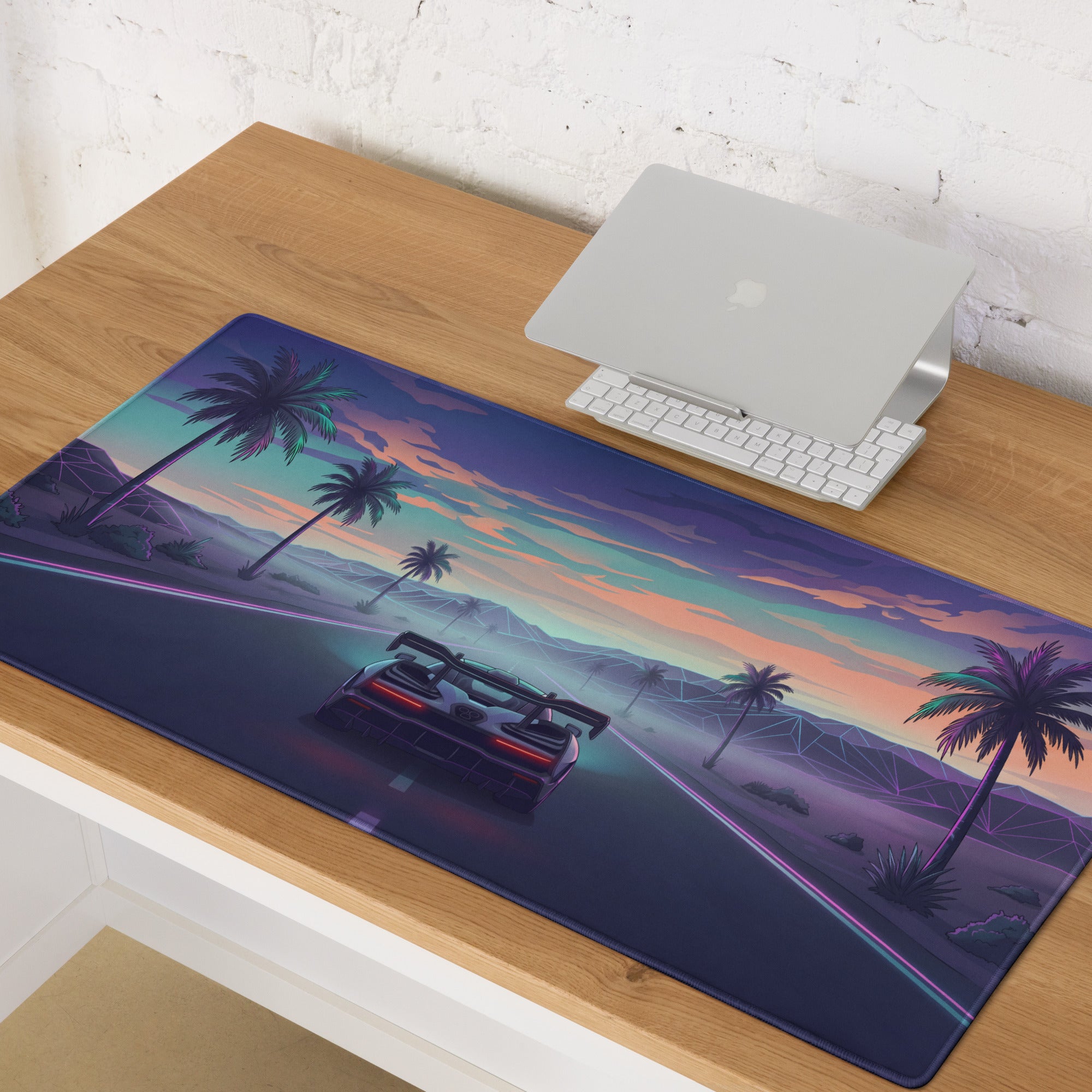 McLaren Senna Inspired Silver Purple Vaporwave Gaming Mouse Pad – Neon Palm Tree Highway Desk Mat with Dreamy Retro Futuristic Sunset Art