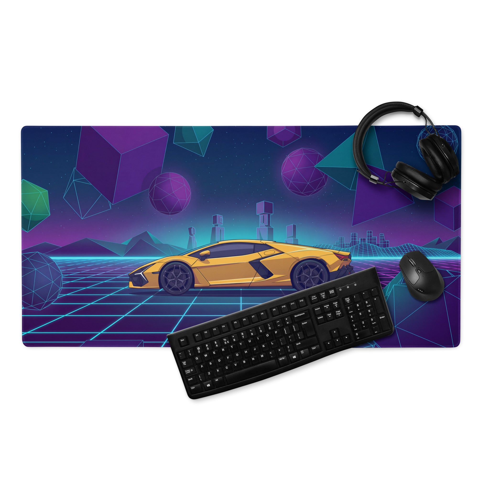 Lamborghini Revuelto Inspired Yellow Purple Vaporwave Gaming Mouse Pad – Neon Geometric Grid Desk Mat with Retro Futuristic Synthwave Space Art