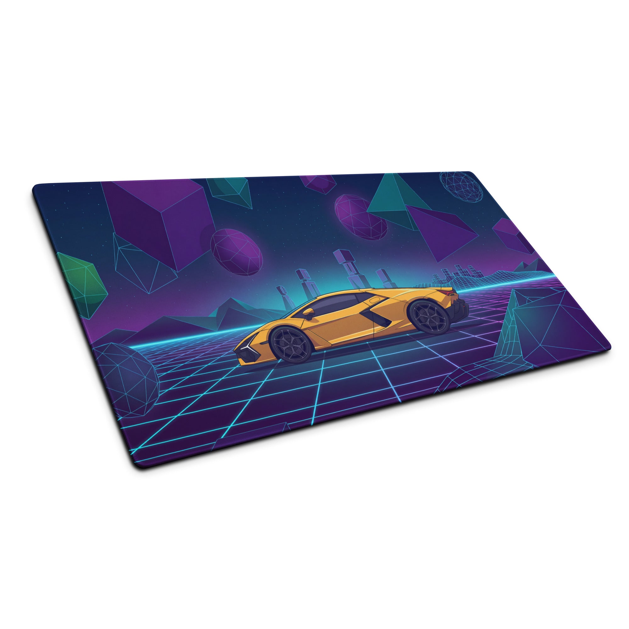 Lamborghini Revuelto Inspired Yellow Purple Vaporwave Gaming Mouse Pad – Neon Geometric Grid Desk Mat with Retro Futuristic Synthwave Space Art