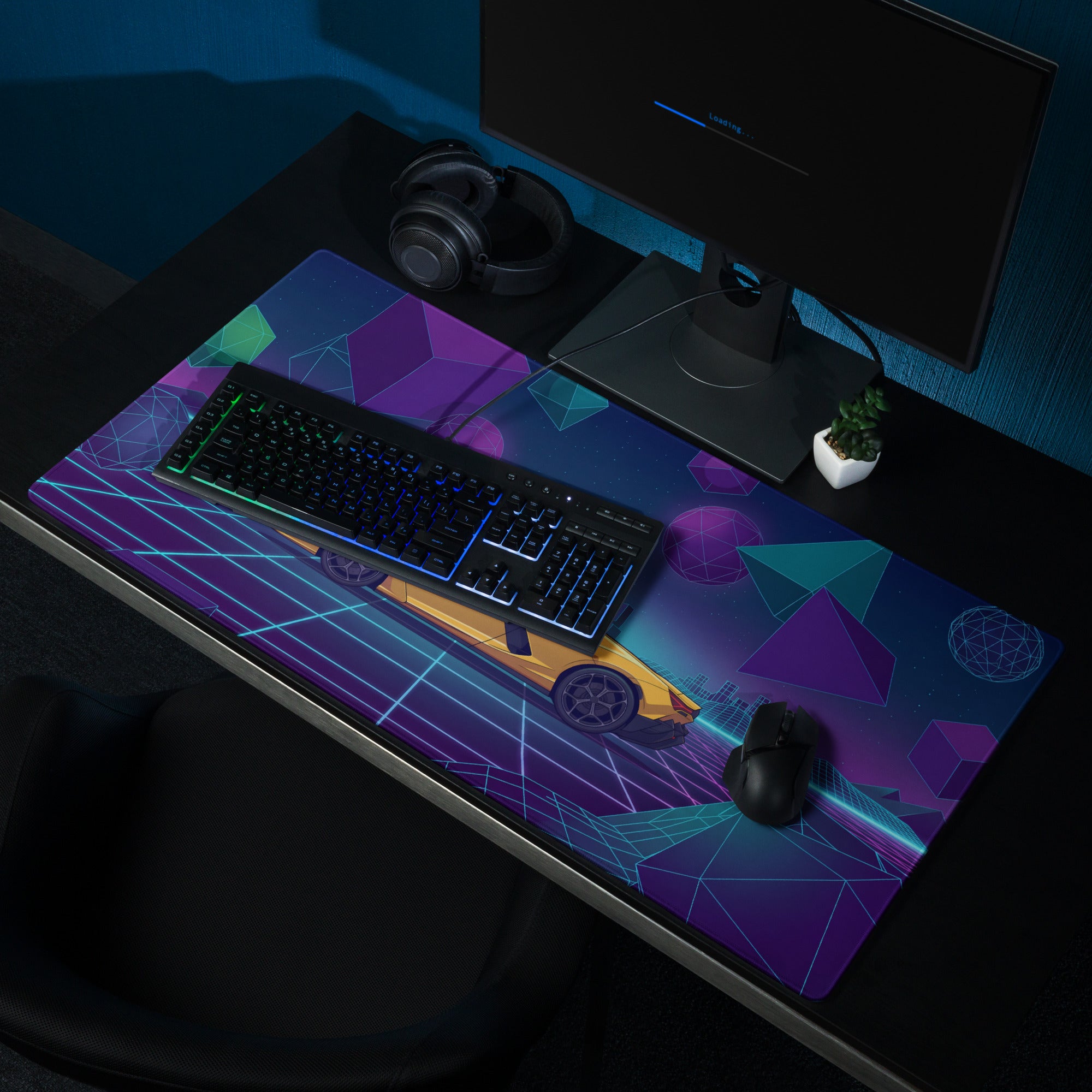 Lamborghini Revuelto Inspired Yellow Purple Vaporwave Gaming Mouse Pad – Neon Geometric Grid Desk Mat with Retro Futuristic Synthwave Space Art
