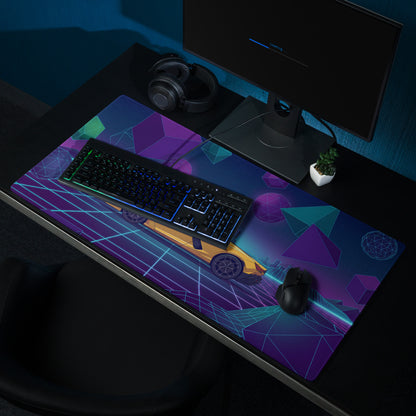 Lamborghini Revuelto Inspired Yellow Purple Vaporwave Gaming Mouse Pad – Neon Geometric Grid Desk Mat with Retro Futuristic Synthwave Space Art