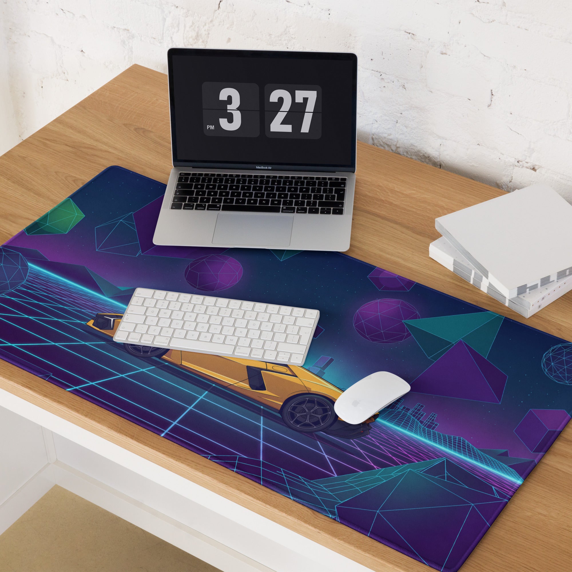 Lamborghini Revuelto Inspired Yellow Purple Vaporwave Gaming Mouse Pad – Neon Geometric Grid Desk Mat with Retro Futuristic Synthwave Space Art