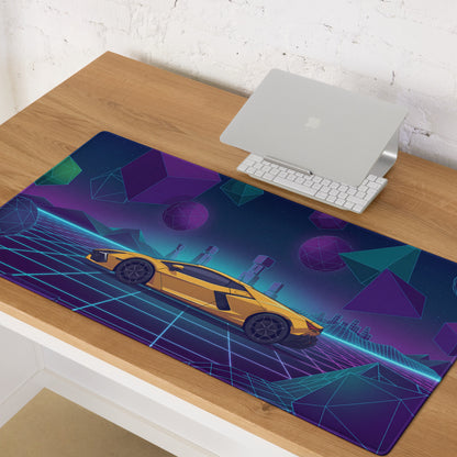 Lamborghini Revuelto Inspired Yellow Purple Vaporwave Gaming Mouse Pad – Neon Geometric Grid Desk Mat with Retro Futuristic Synthwave Space Art
