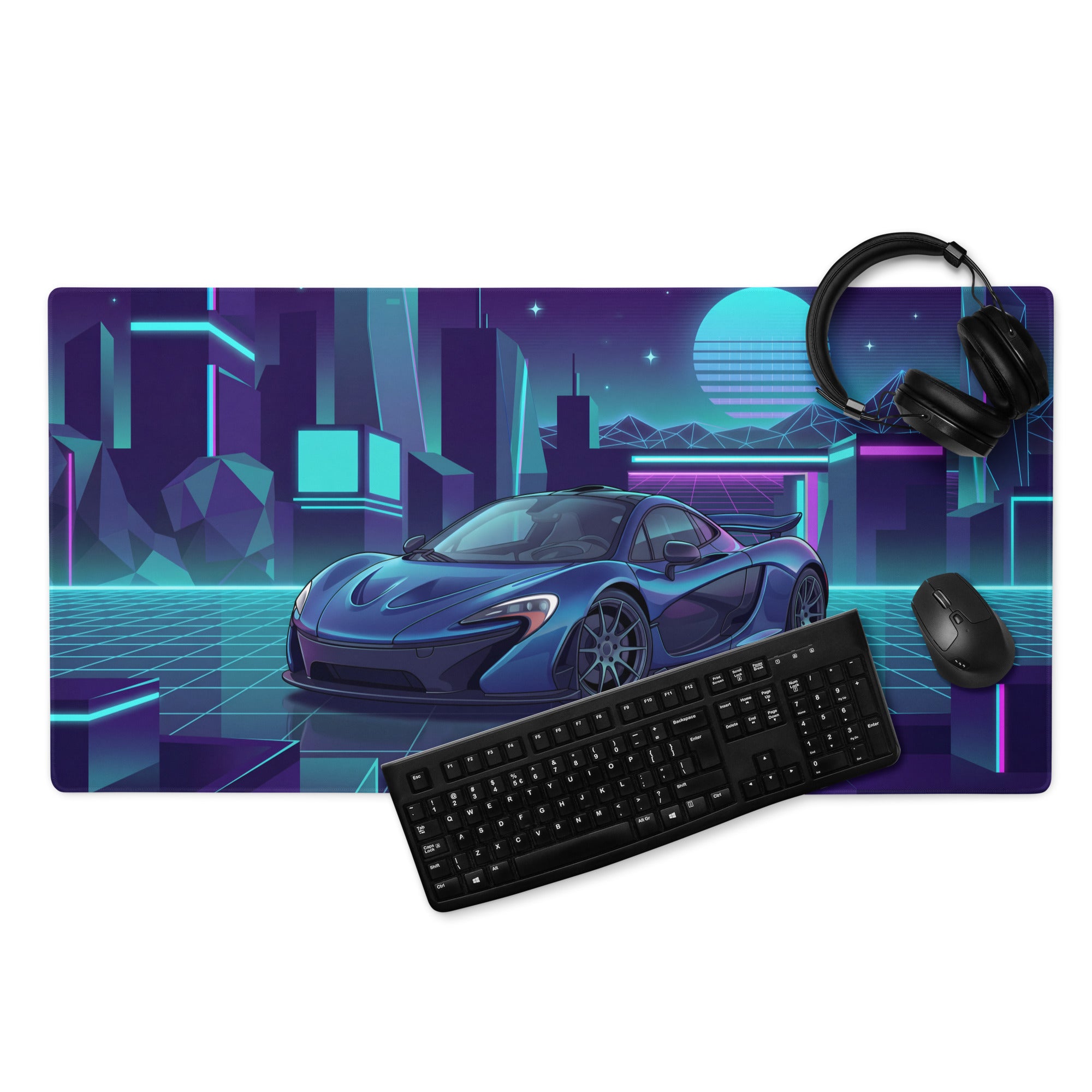 McLaren P1 Inspired Blue Cyan Vaporwave Gaming Mouse Pad – Neon Futuristic City Grid Desk Mat with Retro Synthwave Cyberpunk Artwork