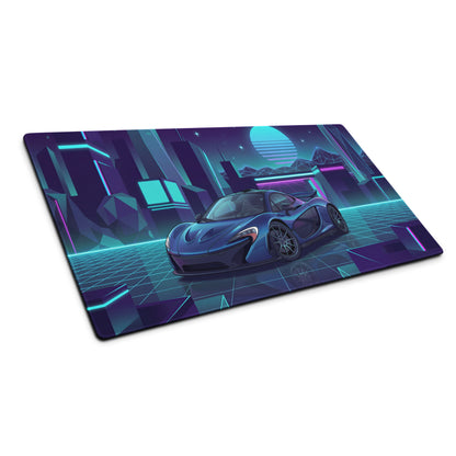 McLaren P1 Inspired Blue Cyan Vaporwave Gaming Mouse Pad – Neon Futuristic City Grid Desk Mat with Retro Synthwave Cyberpunk Artwork
