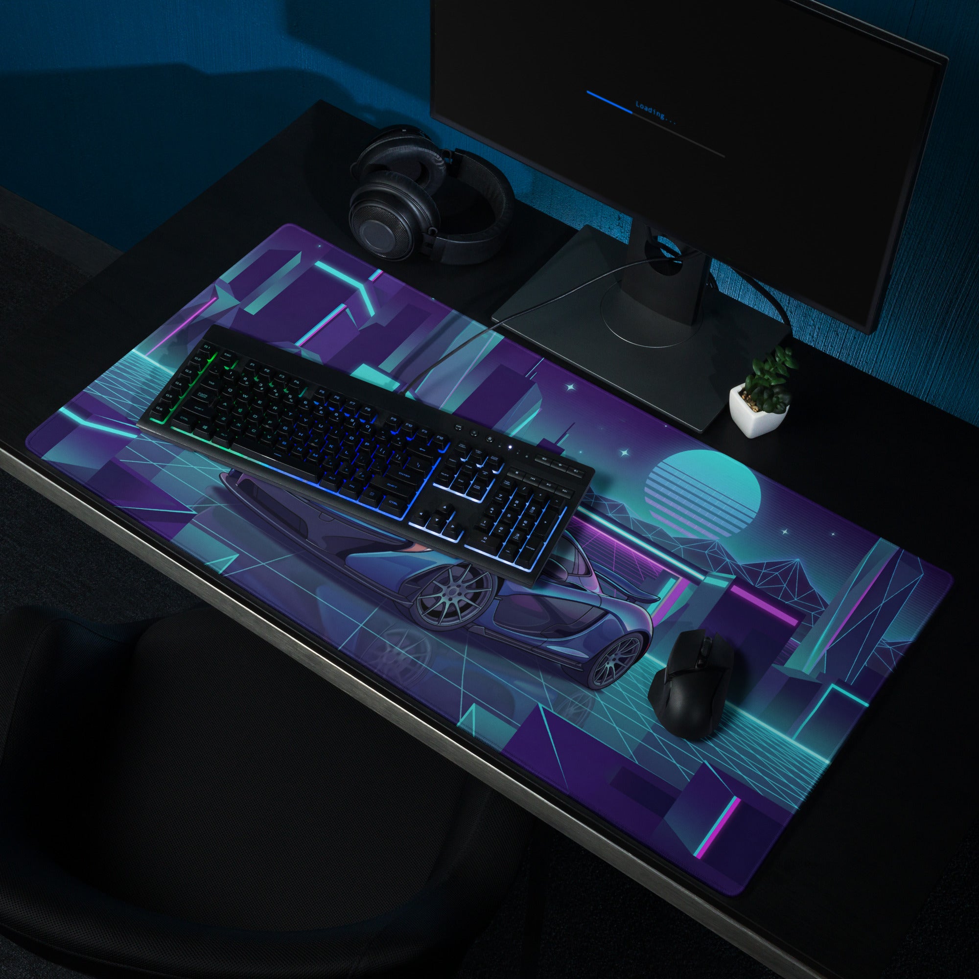 McLaren P1 Inspired Blue Cyan Vaporwave Gaming Mouse Pad – Neon Futuristic City Grid Desk Mat with Retro Synthwave Cyberpunk Artwork
