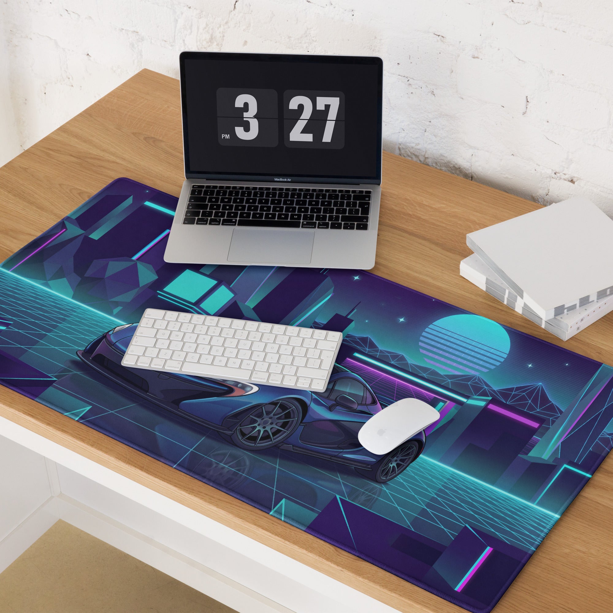 McLaren P1 Inspired Blue Cyan Vaporwave Gaming Mouse Pad – Neon Futuristic City Grid Desk Mat with Retro Synthwave Cyberpunk Artwork