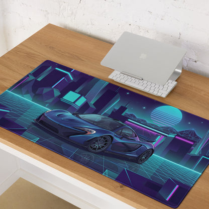 McLaren P1 Inspired Blue Cyan Vaporwave Gaming Mouse Pad – Neon Futuristic City Grid Desk Mat with Retro Synthwave Cyberpunk Artwork