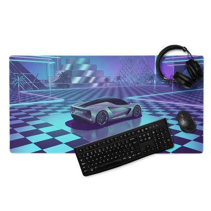 Lotus Evija Inspired Silver Cyan Vaporwave Gaming Mouse Pad – Neon Futuristic City Plaza Desk Mat with Retro Synthwave Checkerboard Art