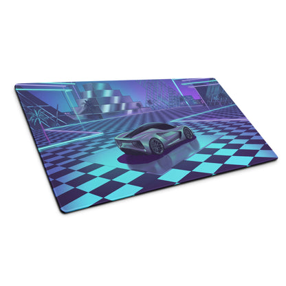 Lotus Evija Inspired Silver Cyan Vaporwave Gaming Mouse Pad – Neon Futuristic City Plaza Desk Mat with Retro Synthwave Checkerboard Art