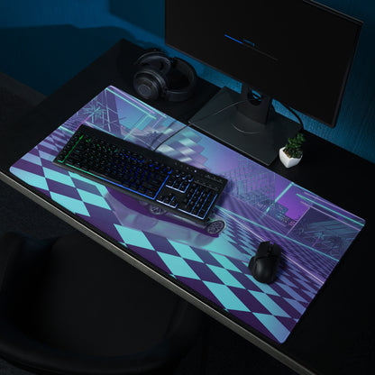 Lotus Evija Inspired Silver Cyan Vaporwave Gaming Mouse Pad – Neon Futuristic City Plaza Desk Mat with Retro Synthwave Checkerboard Art