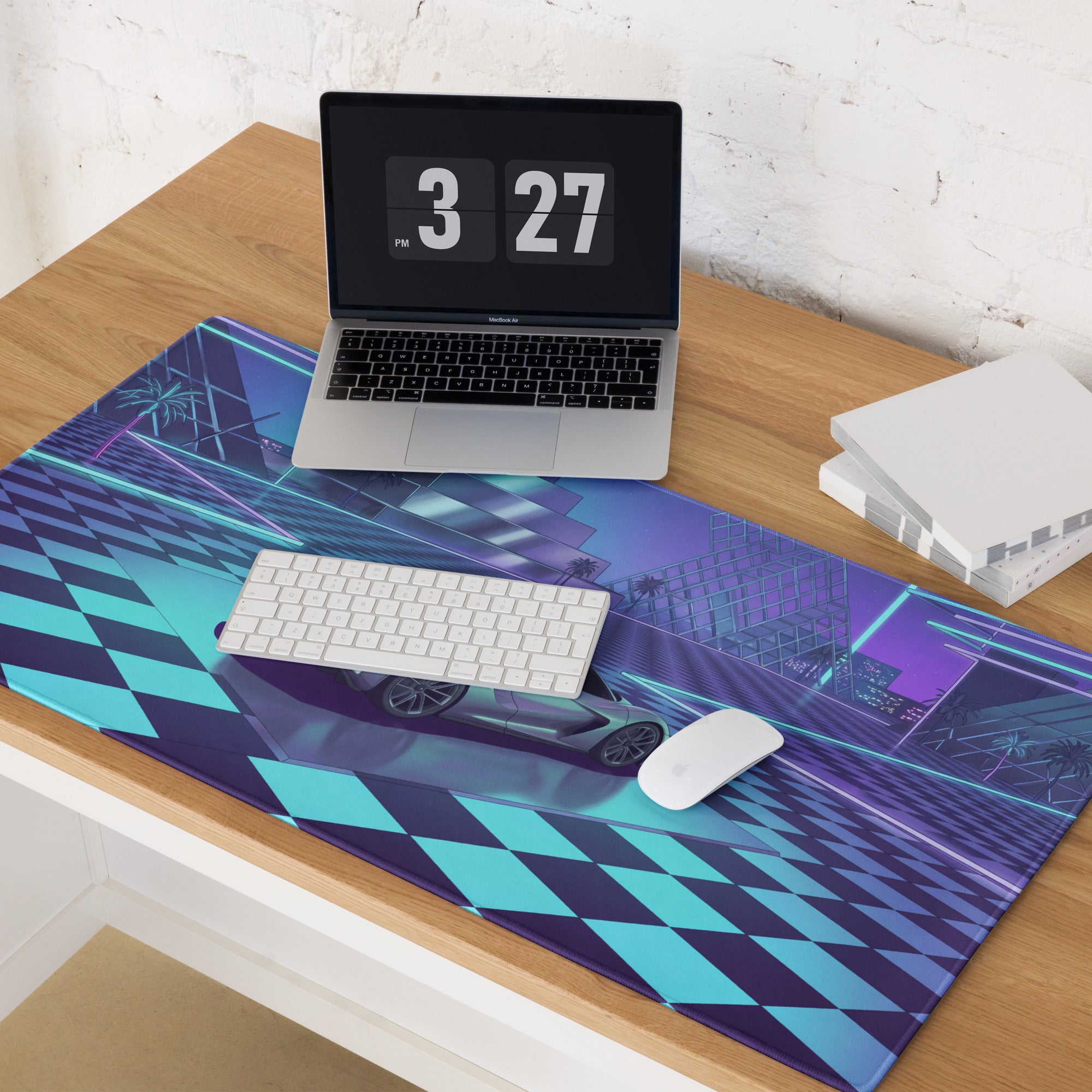 Lotus Evija Inspired Silver Cyan Vaporwave Gaming Mouse Pad – Neon Futuristic City Plaza Desk Mat with Retro Synthwave Checkerboard Art