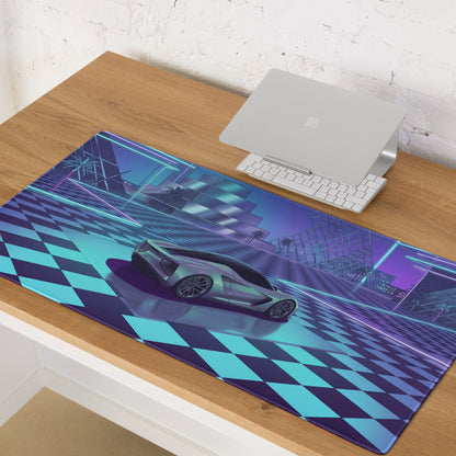 Lotus Evija Inspired Silver Cyan Vaporwave Gaming Mouse Pad – Neon Futuristic City Plaza Desk Mat with Retro Synthwave Checkerboard Art
