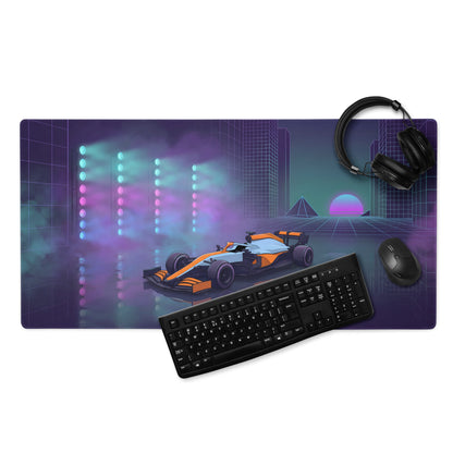 McLaren Formula 1 Car Inspired Orange Blue Vaporwave Gaming Mouse Pad – Neon City Racing Desk Mat with Retro Futuristic Synthwave Motorsport Art