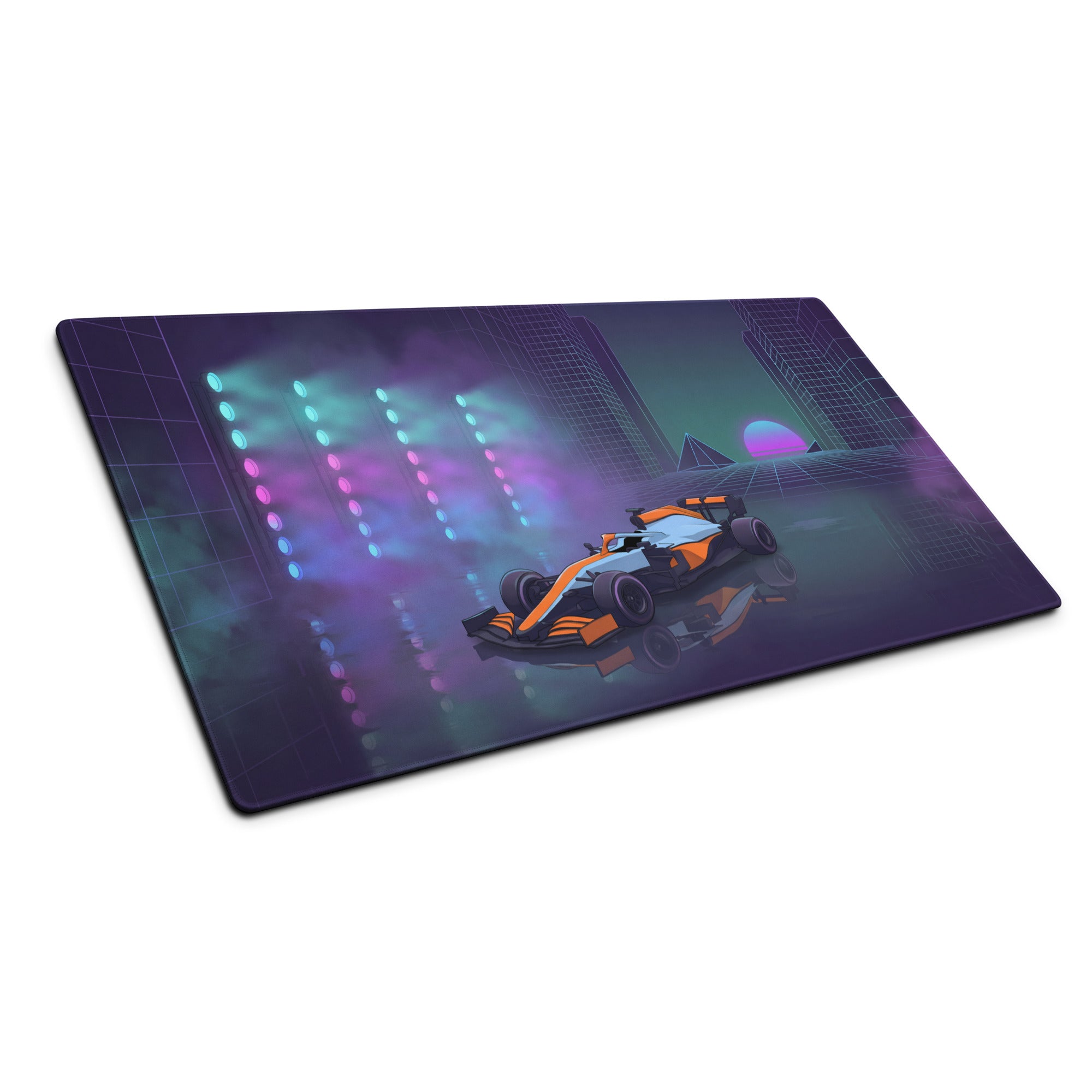 McLaren Formula 1 Car Inspired Orange Blue Vaporwave Gaming Mouse Pad – Neon City Racing Desk Mat with Retro Futuristic Synthwave Motorsport Art