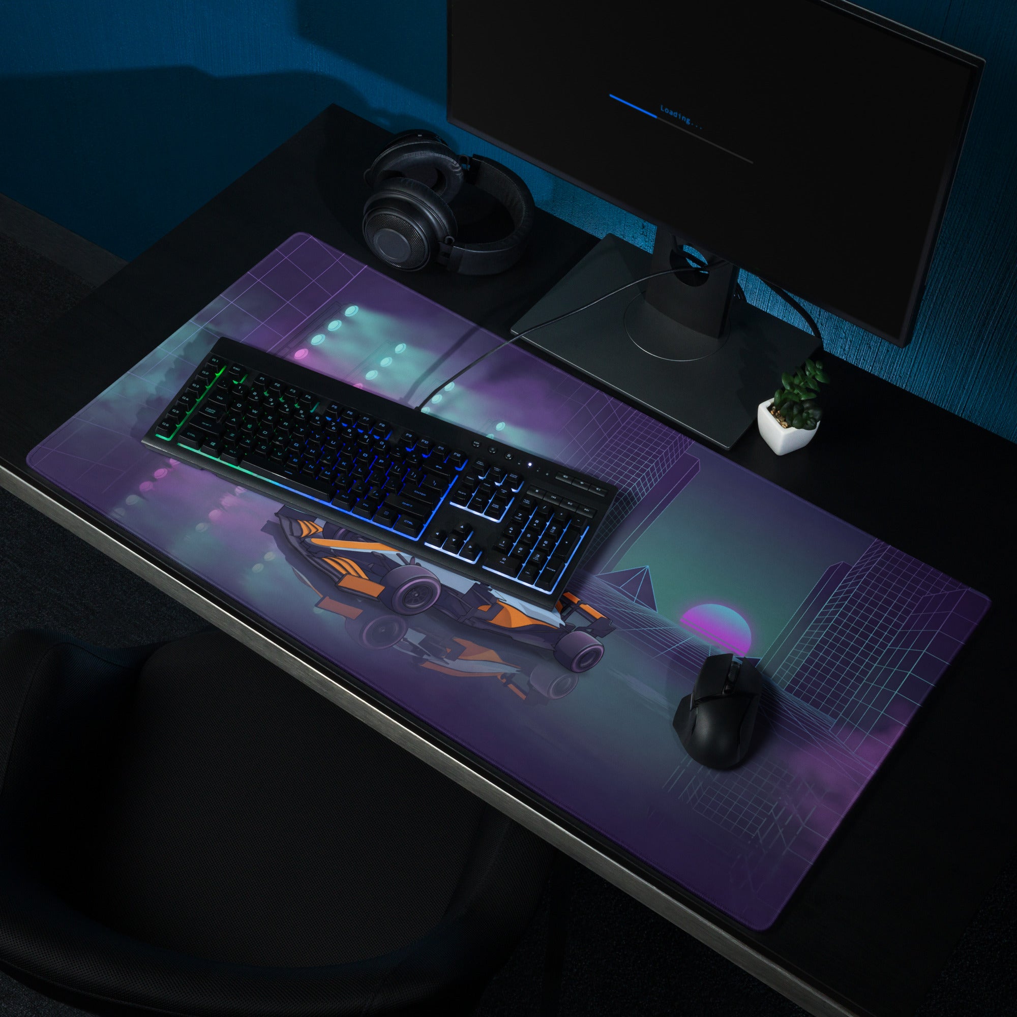 McLaren Formula 1 Car Inspired Orange Blue Vaporwave Gaming Mouse Pad – Neon City Racing Desk Mat with Retro Futuristic Synthwave Motorsport Art