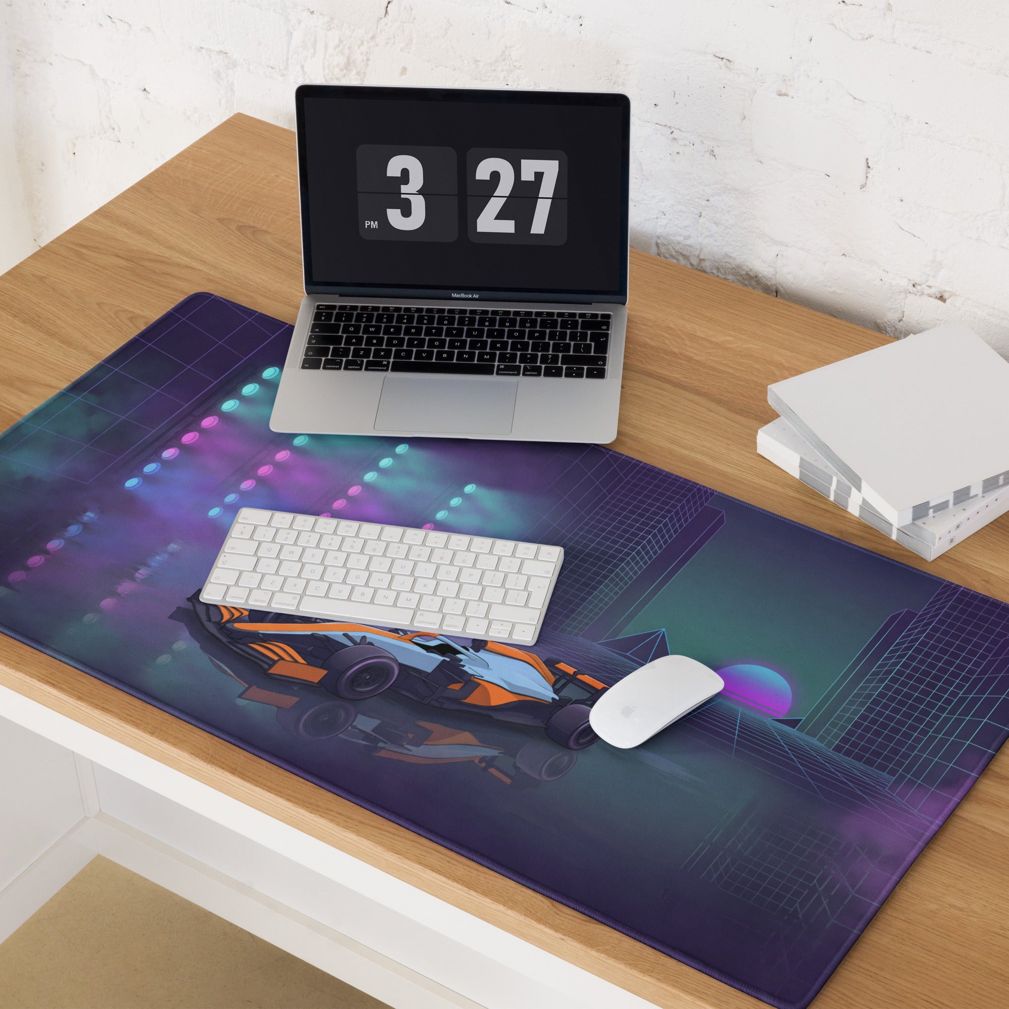 McLaren Formula 1 Car Inspired Orange Blue Vaporwave Gaming Mouse Pad – Neon City Racing Desk Mat with Retro Futuristic Synthwave Motorsport Art