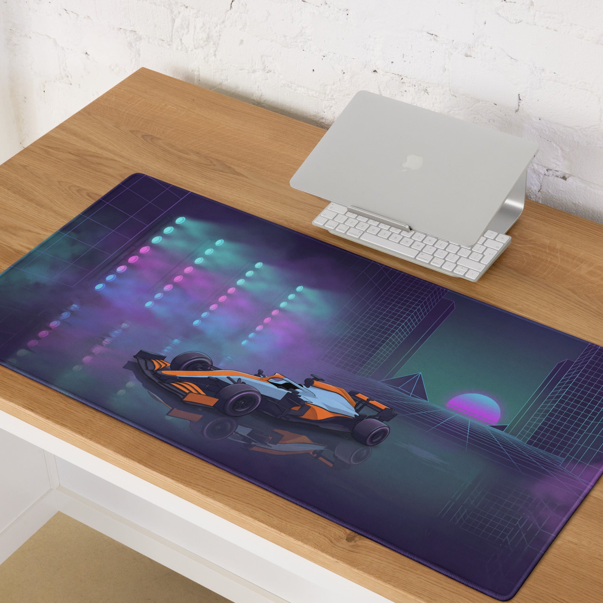 McLaren Formula 1 Car Inspired Orange Blue Vaporwave Gaming Mouse Pad – Neon City Racing Desk Mat with Retro Futuristic Synthwave Motorsport Art