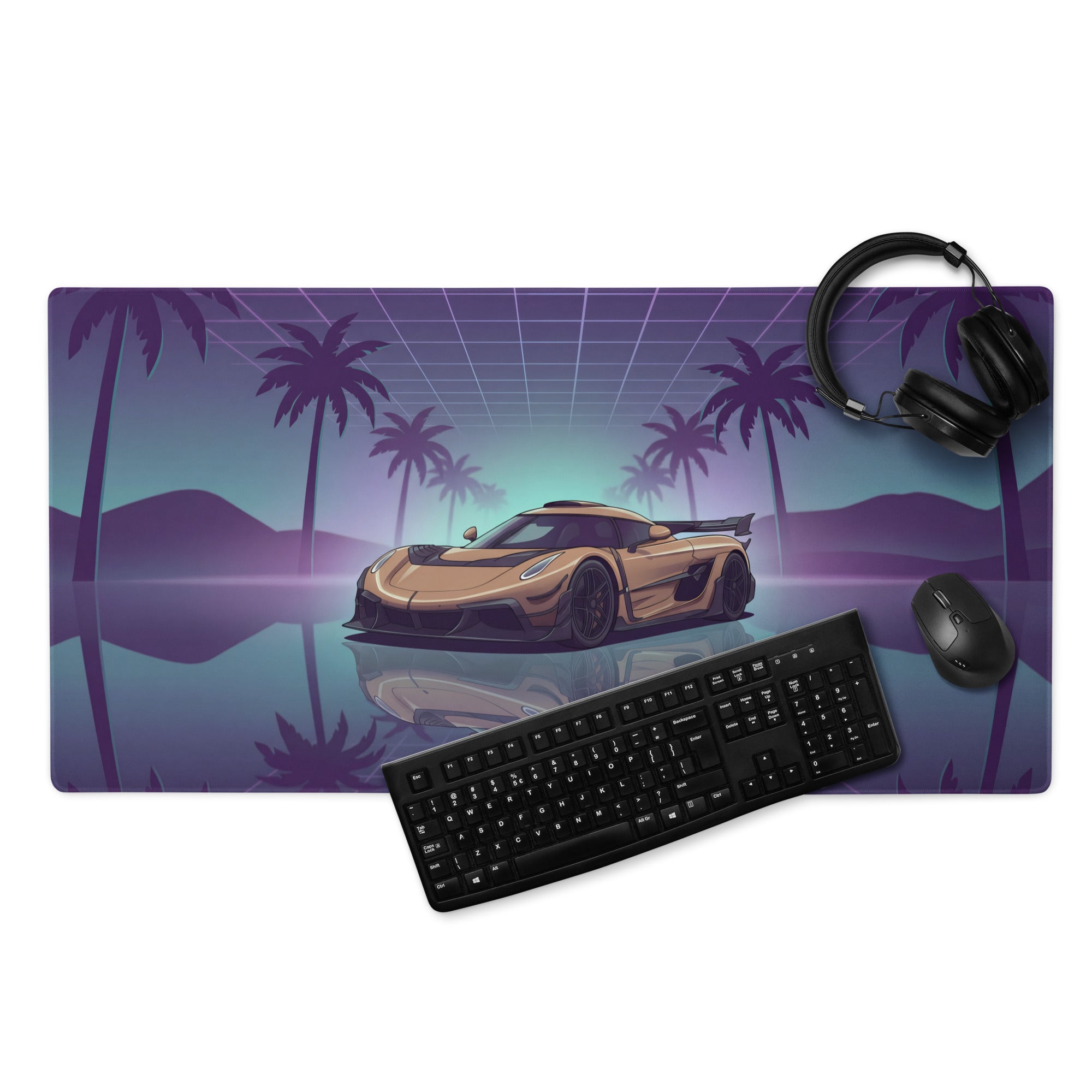 Koenigsegg Jesko Inspired Gold Purple Vaporwave Gaming Mouse Pad – Neon Palm Tree Supercar Desk Mat with Retro Futuristic Synthwave Art