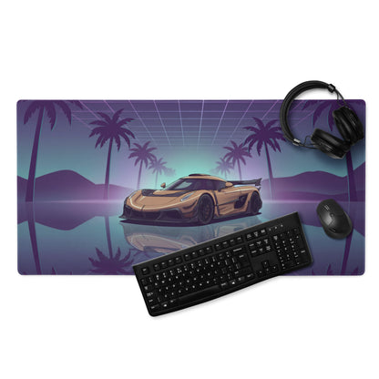 Koenigsegg Jesko Inspired Gold Purple Vaporwave Gaming Mouse Pad – Neon Palm Tree Supercar Desk Mat with Retro Futuristic Synthwave Art