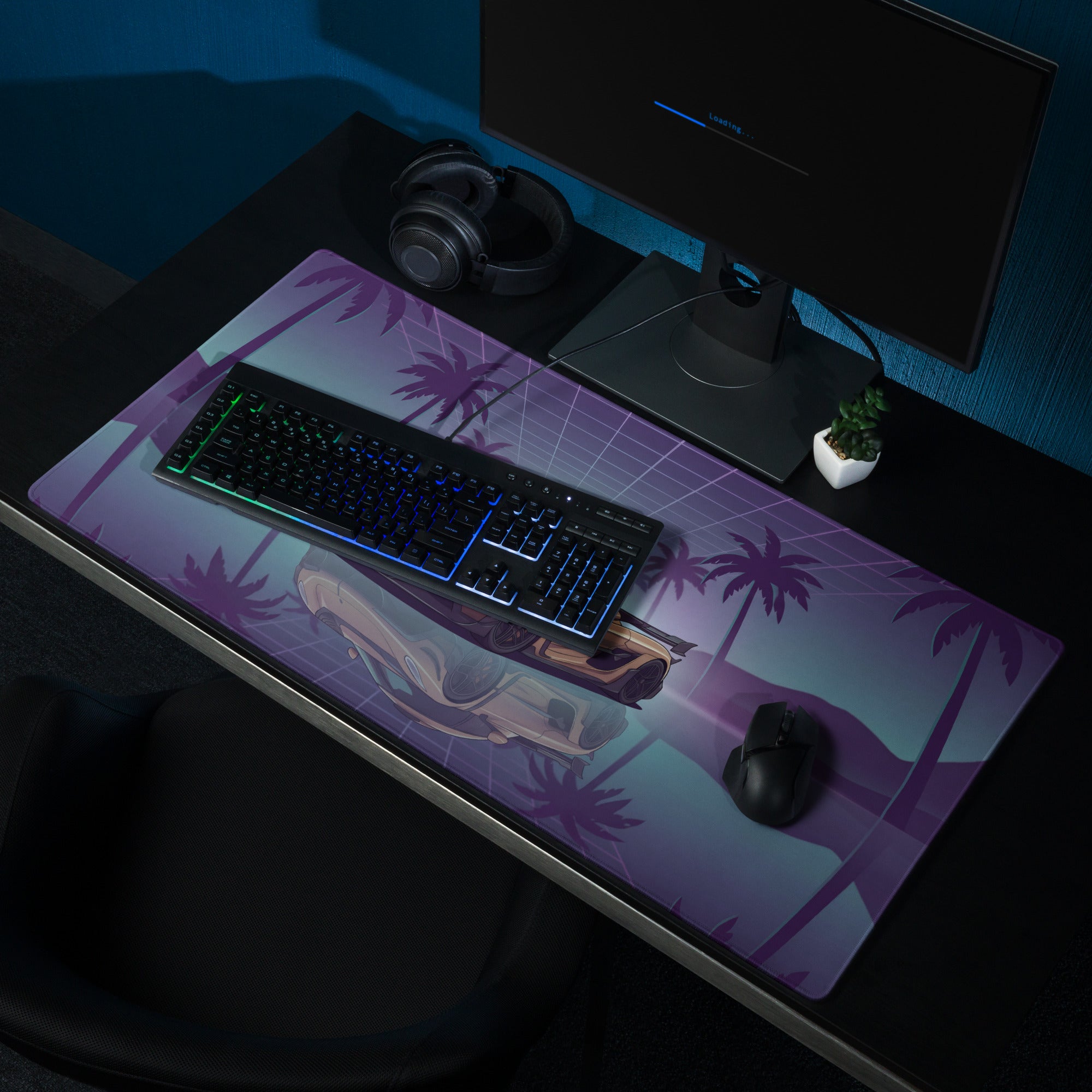 Koenigsegg Jesko Inspired Gold Purple Vaporwave Gaming Mouse Pad – Neon Palm Tree Supercar Desk Mat with Retro Futuristic Synthwave Art