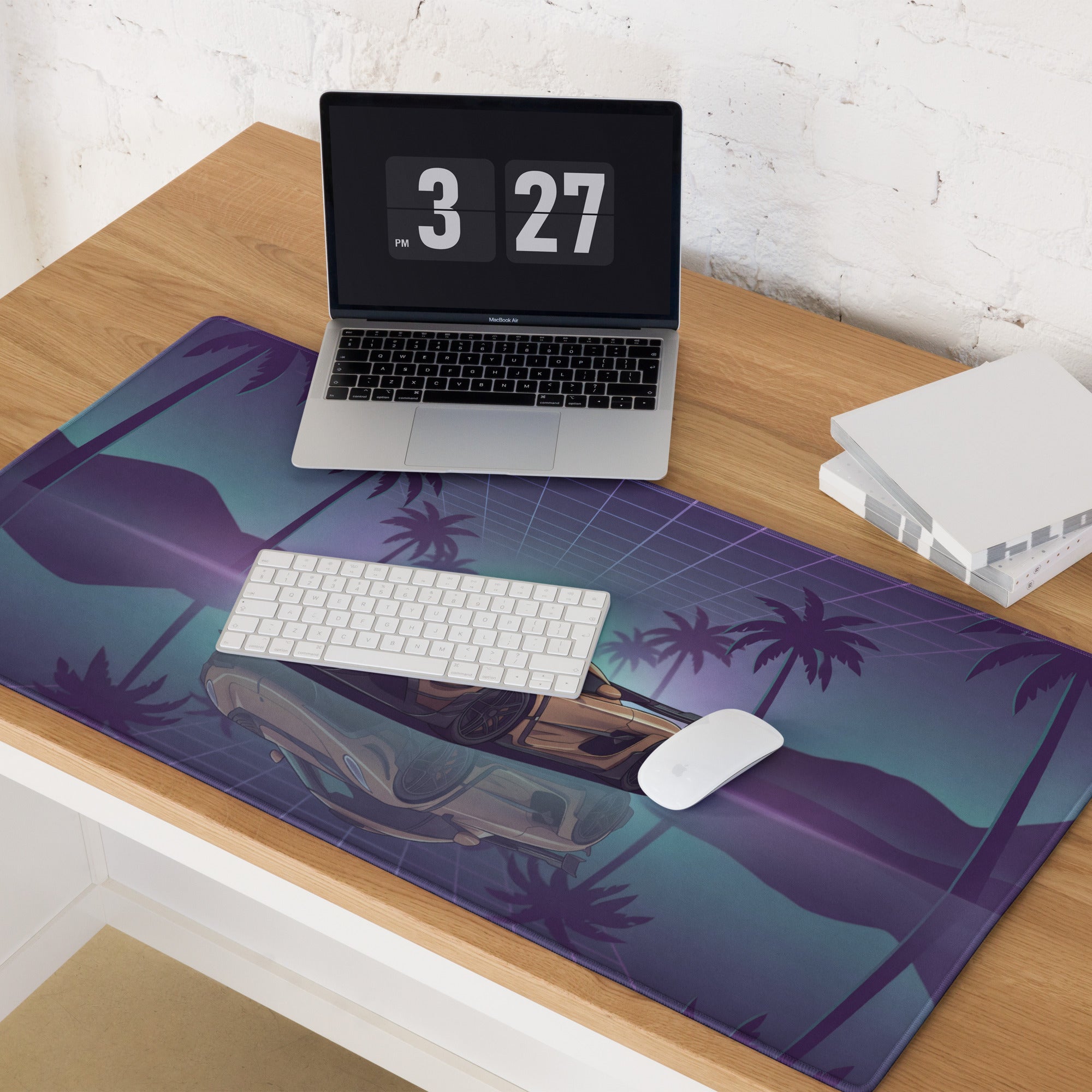 Koenigsegg Jesko Inspired Gold Purple Vaporwave Gaming Mouse Pad – Neon Palm Tree Supercar Desk Mat with Retro Futuristic Synthwave Art