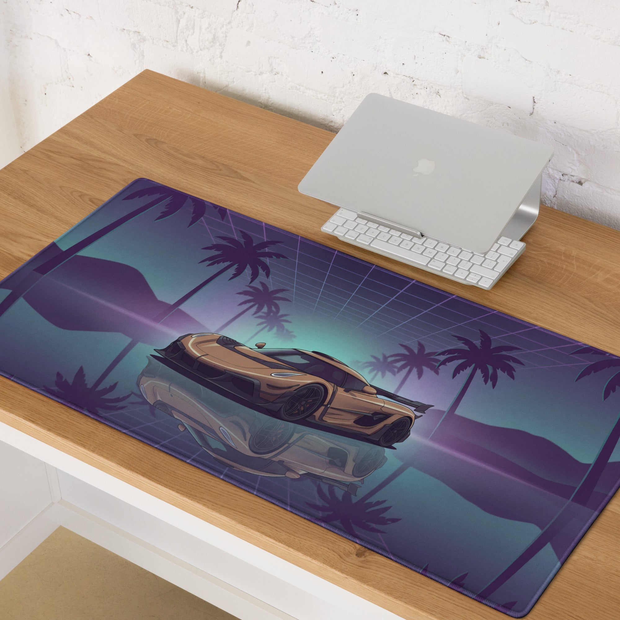Koenigsegg Jesko Inspired Gold Purple Vaporwave Gaming Mouse Pad – Neon Palm Tree Supercar Desk Mat with Retro Futuristic Synthwave Art