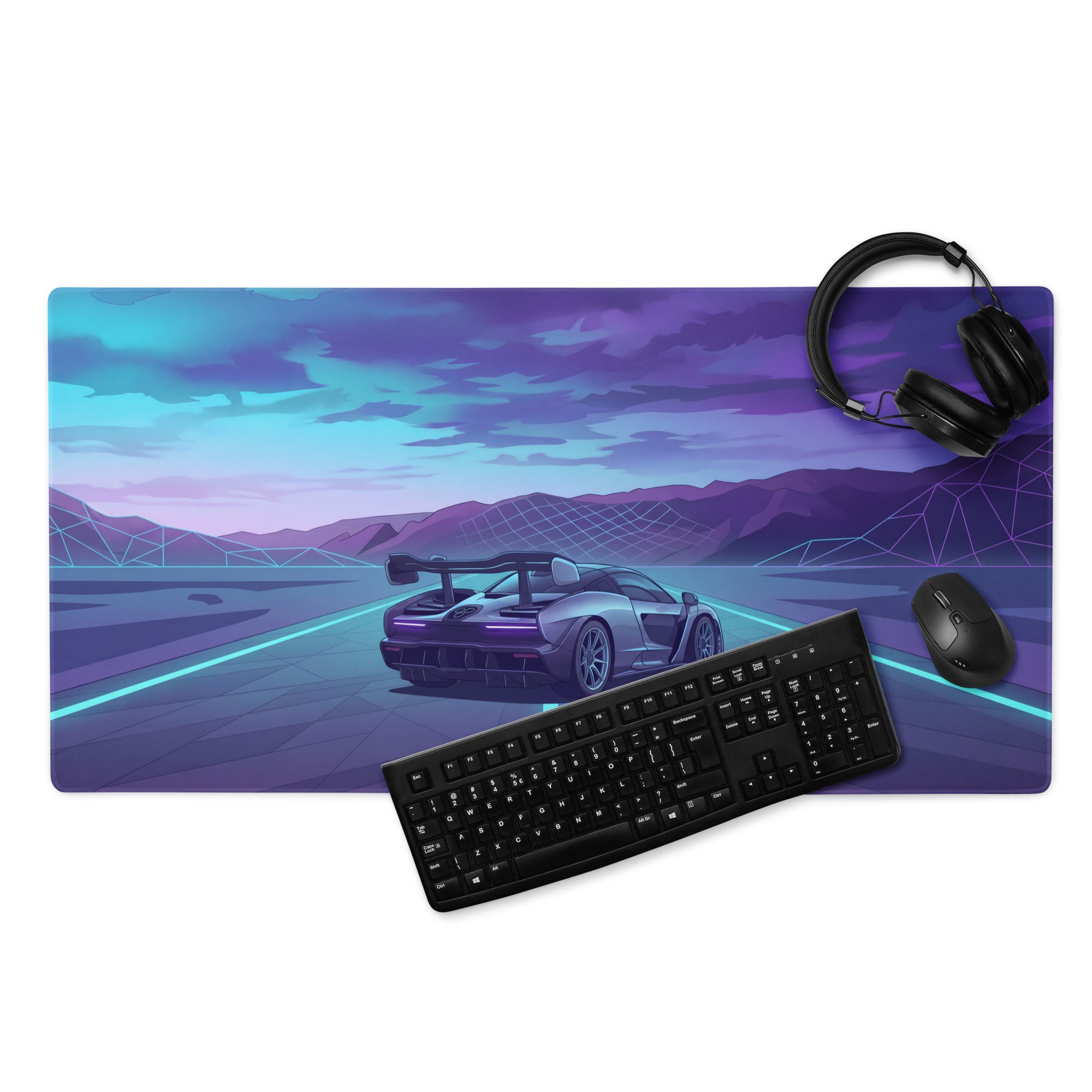 McLaren Senna Inspired Silver Blue Vaporwave Gaming Mouse Pad – Neon Mountain Highway Desk Mat with Retro Futuristic Motorsport Art