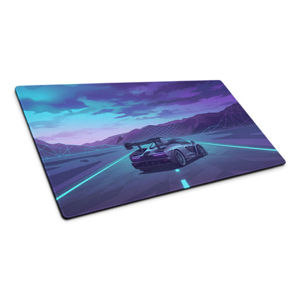 McLaren Senna Inspired Silver Blue Vaporwave Gaming Mouse Pad – Neon Mountain Highway Desk Mat with Retro Futuristic Motorsport Art