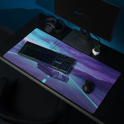McLaren Senna Inspired Silver Blue Vaporwave Gaming Mouse Pad – Neon Mountain Highway Desk Mat with Retro Futuristic Motorsport Art