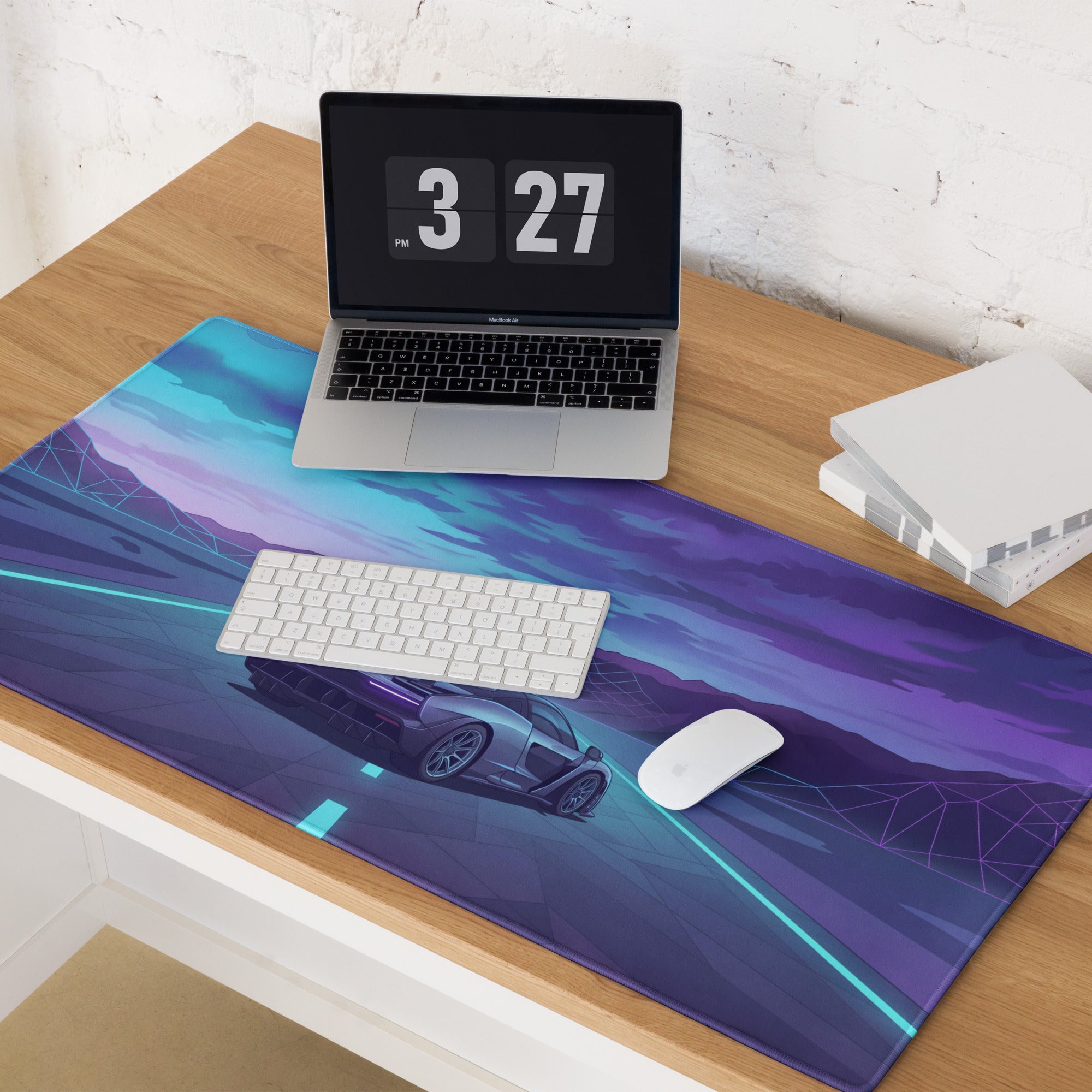 McLaren Senna Inspired Silver Blue Vaporwave Gaming Mouse Pad – Neon Mountain Highway Desk Mat with Retro Futuristic Motorsport Art